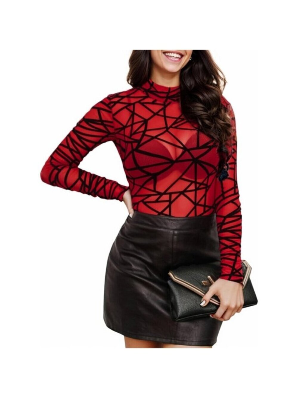 Women Pat6 Long Sleeve Mock Neck Fitted Sexy See Through Mesh Going Out Tops
